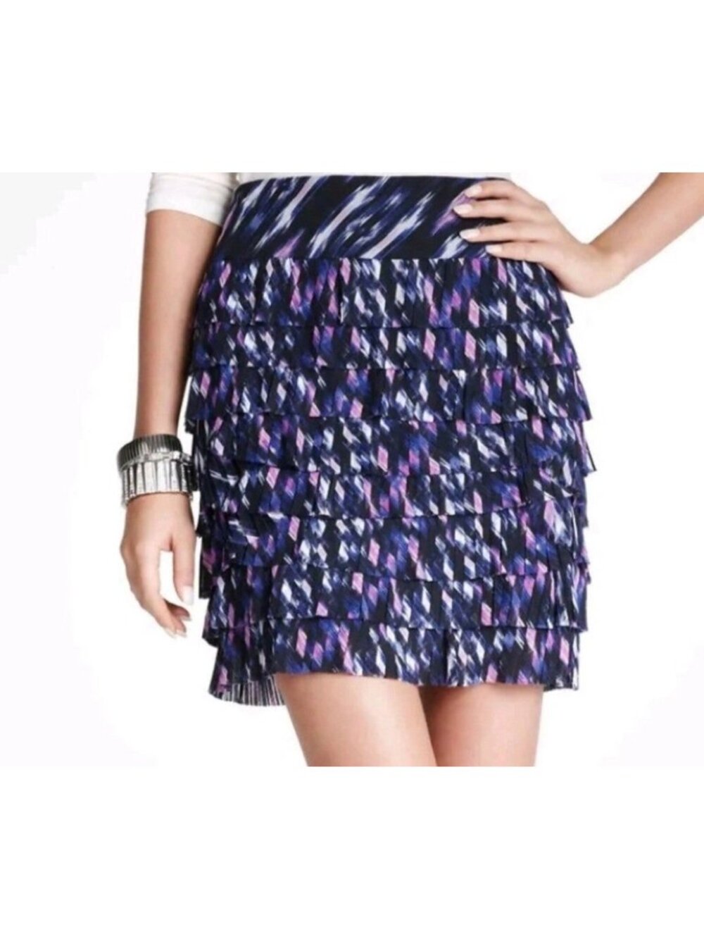 Ann Taylor Petite Womens Tiered Fringe MiniSkirt~Size 0~Purple Blue Black~L12 06